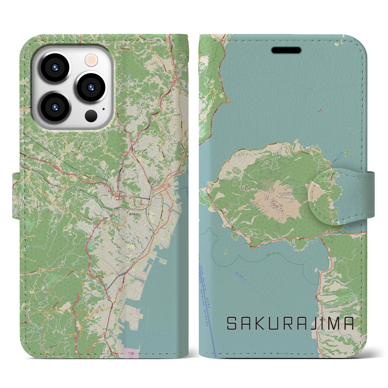 【桜島】地図柄iPhoneケース（手帳両面タイプ・ナチュラル）iPhone 13 Pro 用