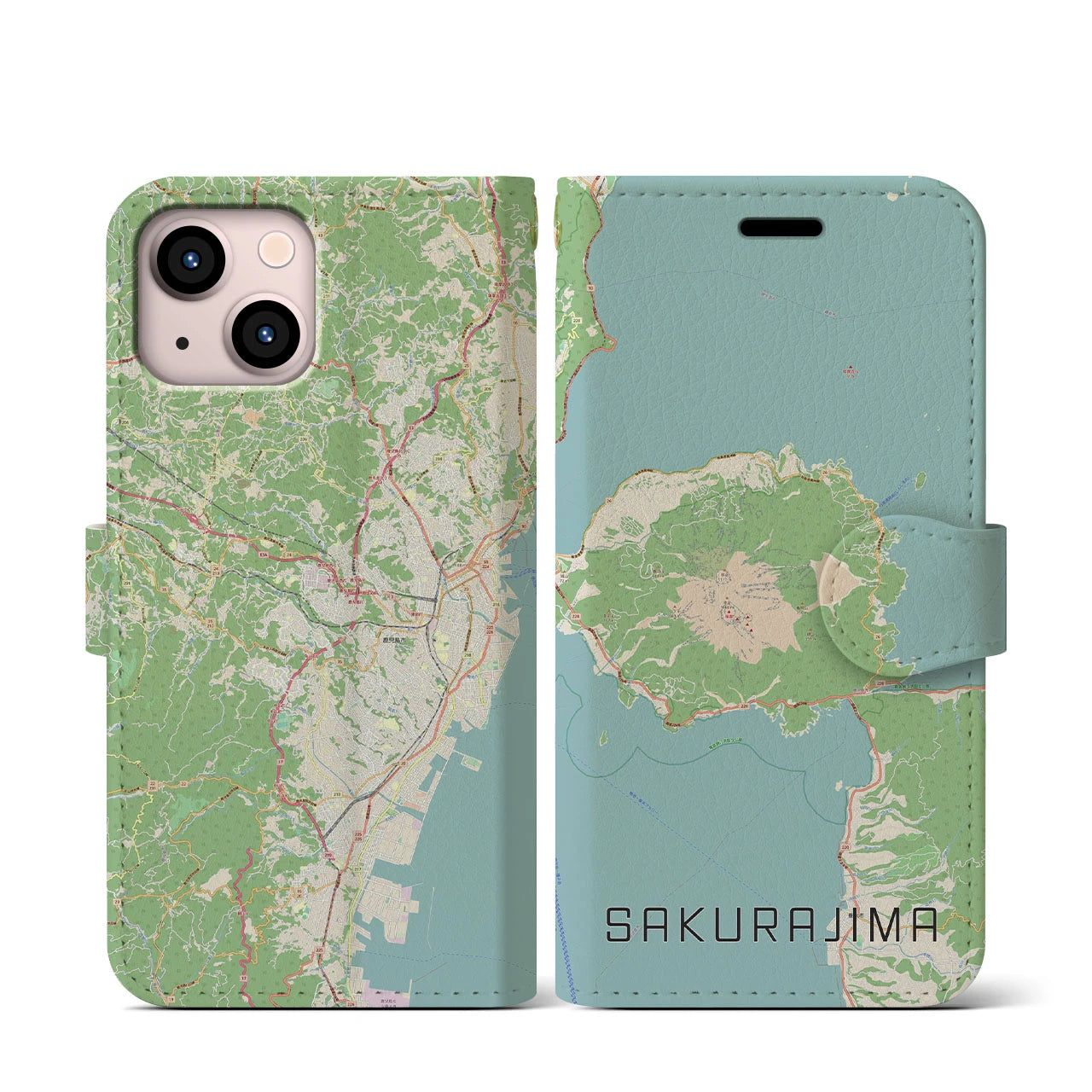 【桜島】地図柄iPhoneケース（手帳両面タイプ・ナチュラル）iPhone 13 mini 用