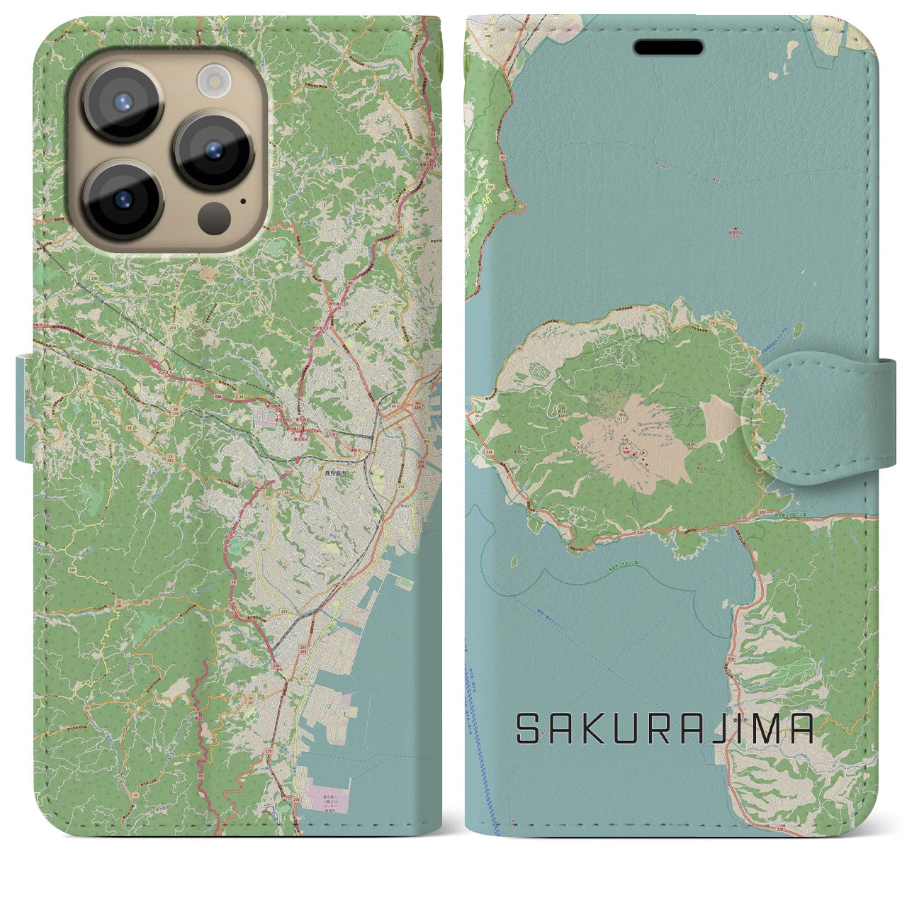 【桜島】地図柄iPhoneケース（手帳両面タイプ・ナチュラル）iPhone 14 Pro Max 用