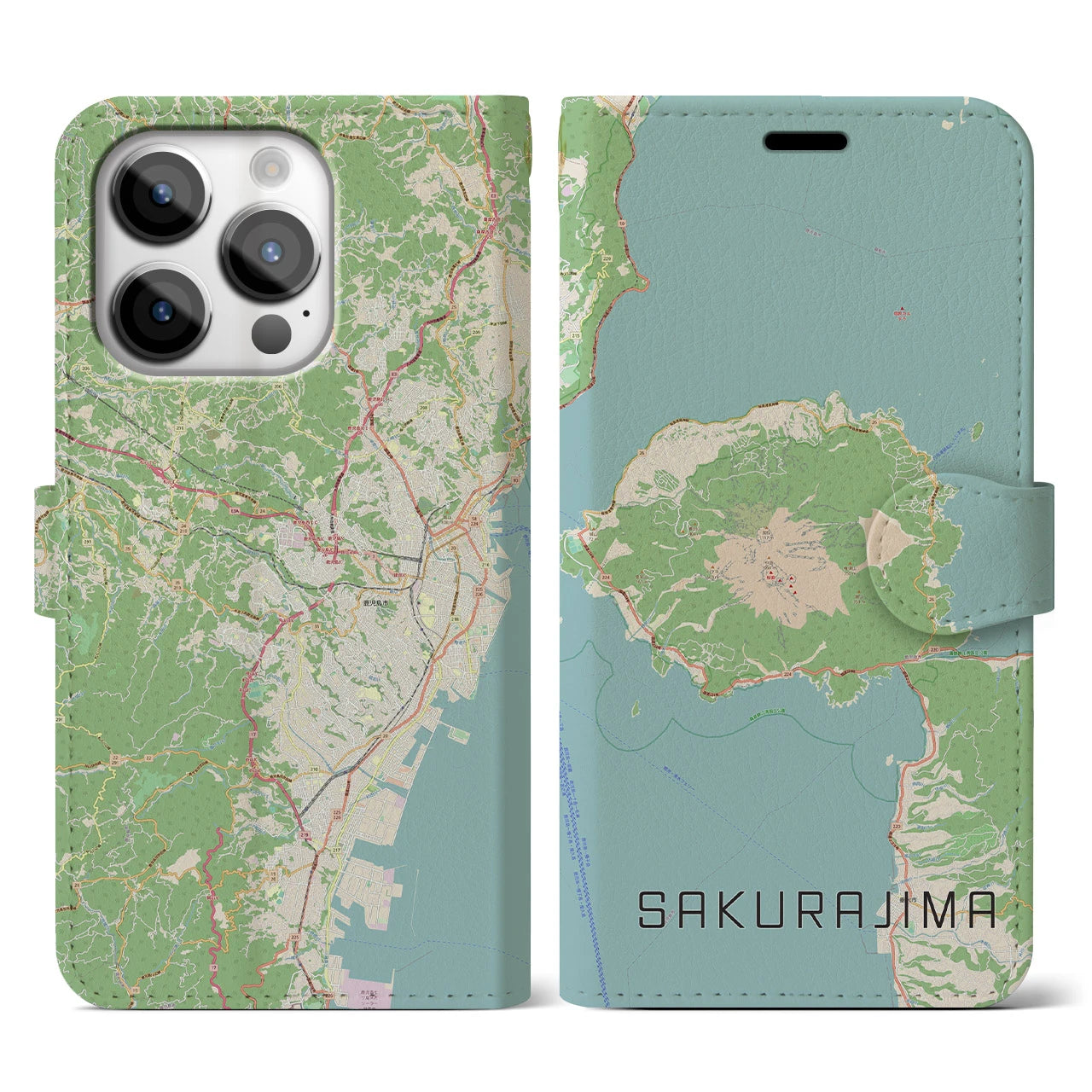 【桜島】地図柄iPhoneケース（手帳両面タイプ・ナチュラル）iPhone 14 Pro 用