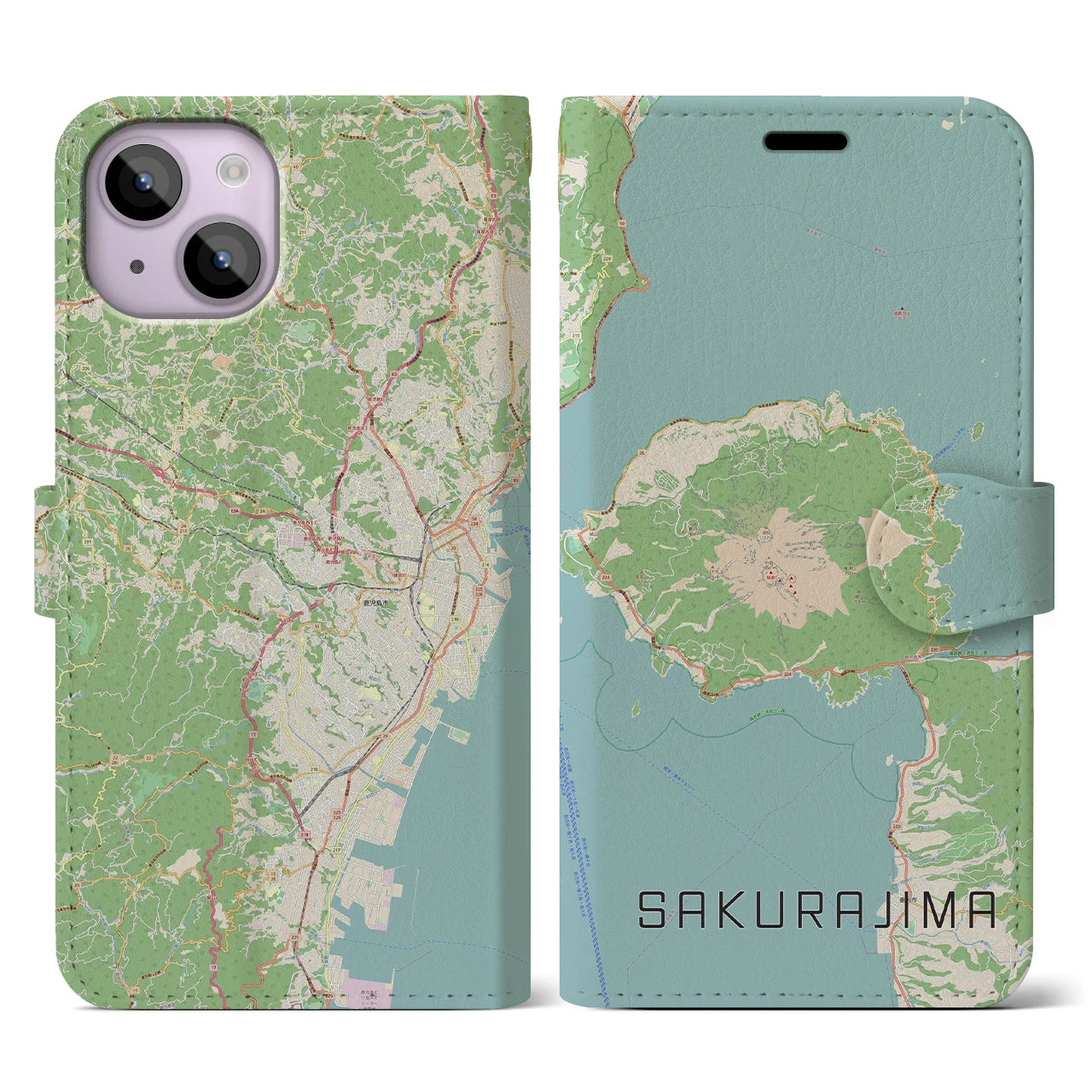 【桜島】地図柄iPhoneケース（手帳両面タイプ・ナチュラル）iPhone 14 用