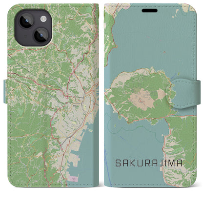 【桜島】地図柄iPhoneケース（手帳両面タイプ・ナチュラル）iPhone 14 Plus 用