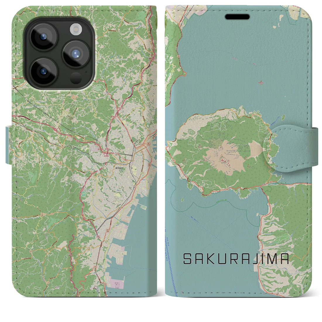 【桜島】地図柄iPhoneケース（手帳両面タイプ・ナチュラル）iPhone 15 Pro Max 用