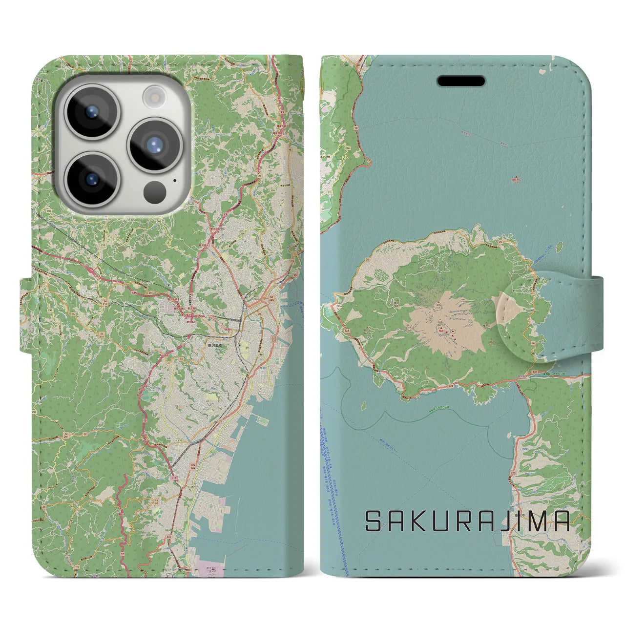 【桜島】地図柄iPhoneケース（手帳両面タイプ・ナチュラル）iPhone 15 Pro 用