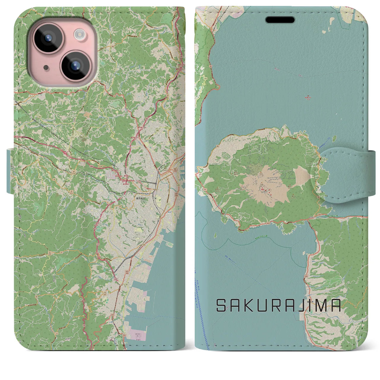 【桜島】地図柄iPhoneケース（手帳両面タイプ・ナチュラル）iPhone 15 Plus 用