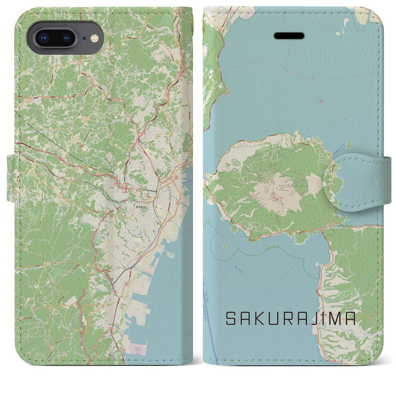 【桜島】地図柄iPhoneケース（手帳両面タイプ・ナチュラル）iPhone 8Plus /7Plus / 6sPlus / 6Plus 用