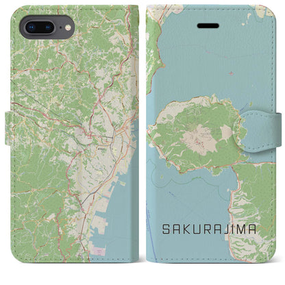 【桜島】地図柄iPhoneケース（手帳両面タイプ・ナチュラル）iPhone 8Plus /7Plus / 6sPlus / 6Plus 用