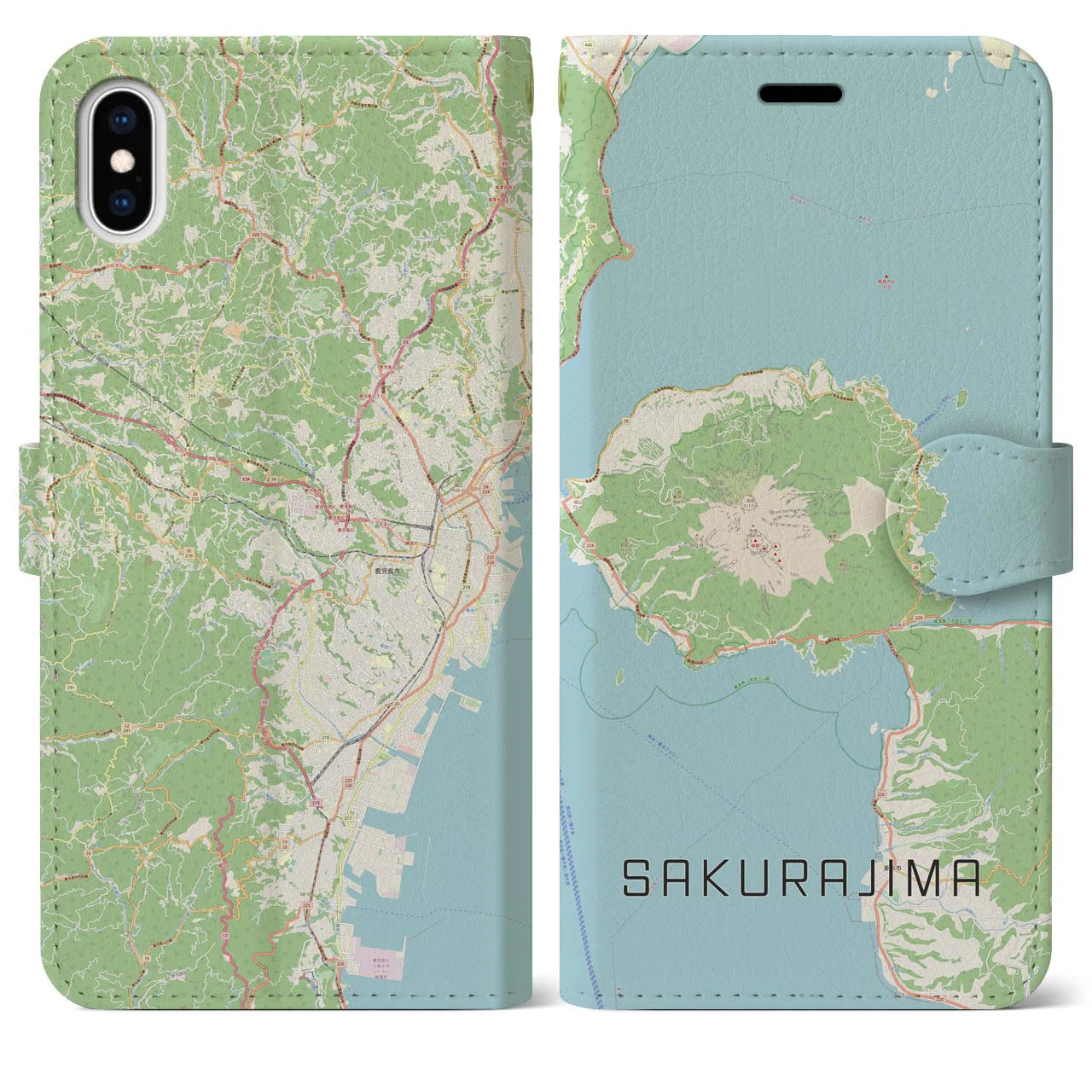 【桜島】地図柄iPhoneケース（手帳両面タイプ・ナチュラル）iPhone XS Max 用