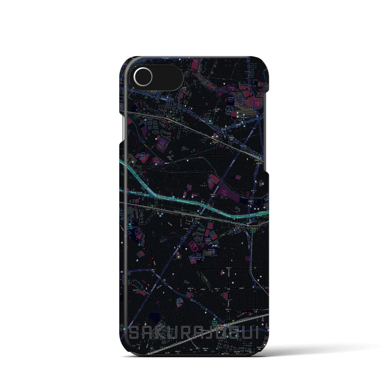 【桜上水】地図柄iPhoneケース（バックカバータイプ・ブラック）iPhone SE（第3 / 第2世代） / 8 / 7 / 6s / 6 用