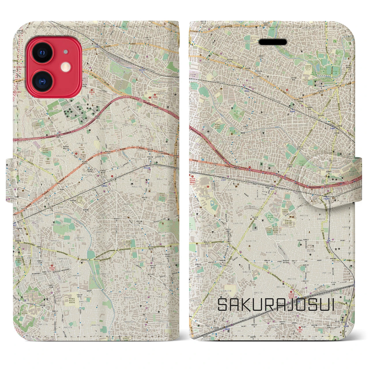 【桜上水】地図柄iPhoneケース（手帳両面タイプ・ナチュラル）iPhone 11 用