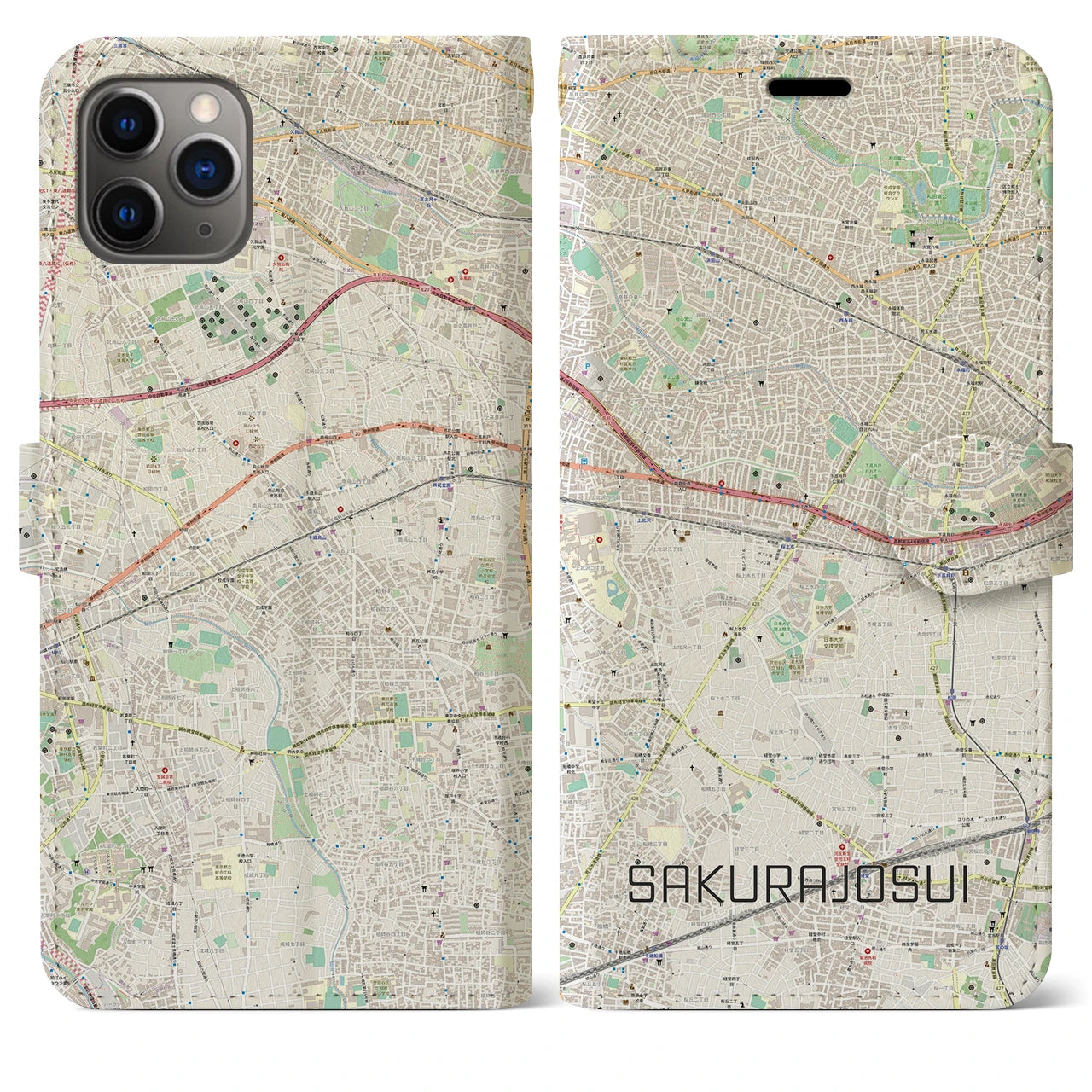 【桜上水】地図柄iPhoneケース（手帳両面タイプ・ナチュラル）iPhone 11 Pro Max 用