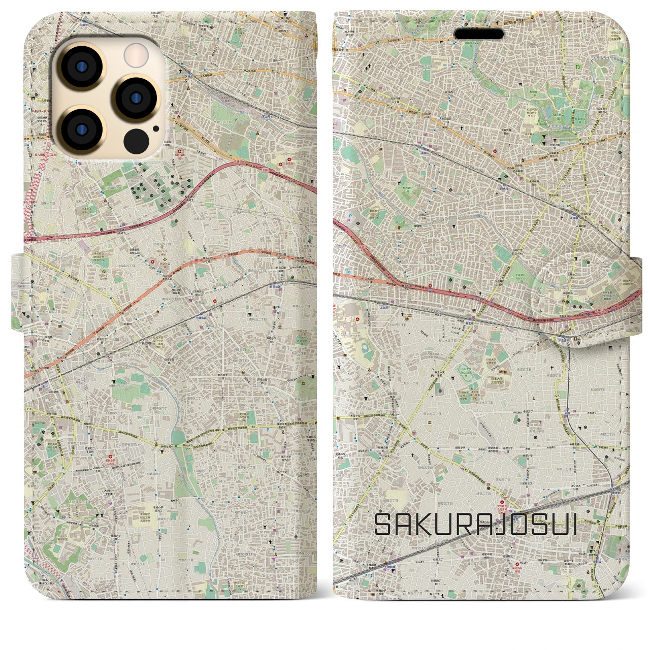 【桜上水】地図柄iPhoneケース（手帳両面タイプ・ナチュラル）iPhone 12 Pro Max 用