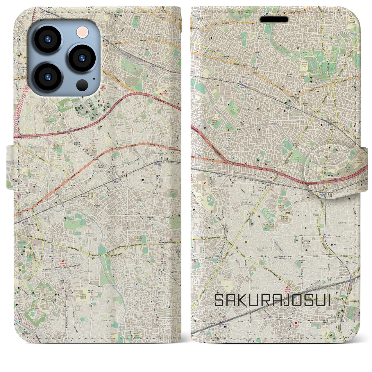 【桜上水】地図柄iPhoneケース（手帳両面タイプ・ナチュラル）iPhone 13 Pro Max 用