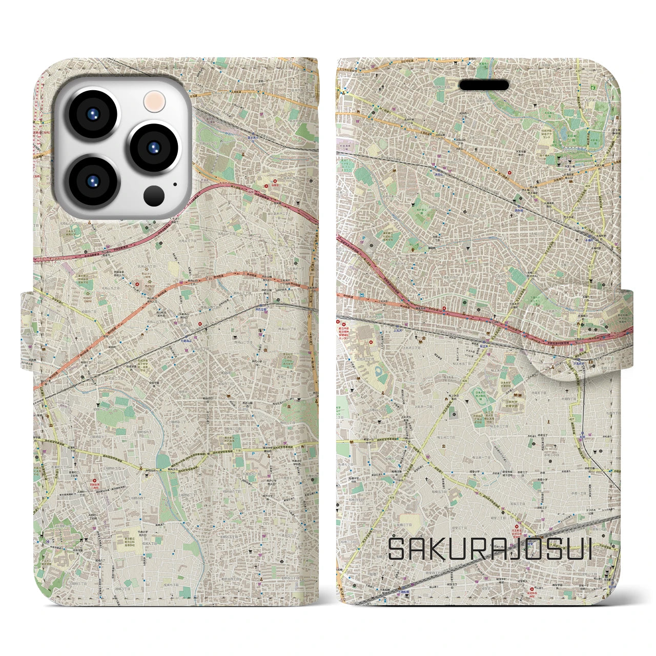 【桜上水】地図柄iPhoneケース（手帳両面タイプ・ナチュラル）iPhone 13 Pro 用