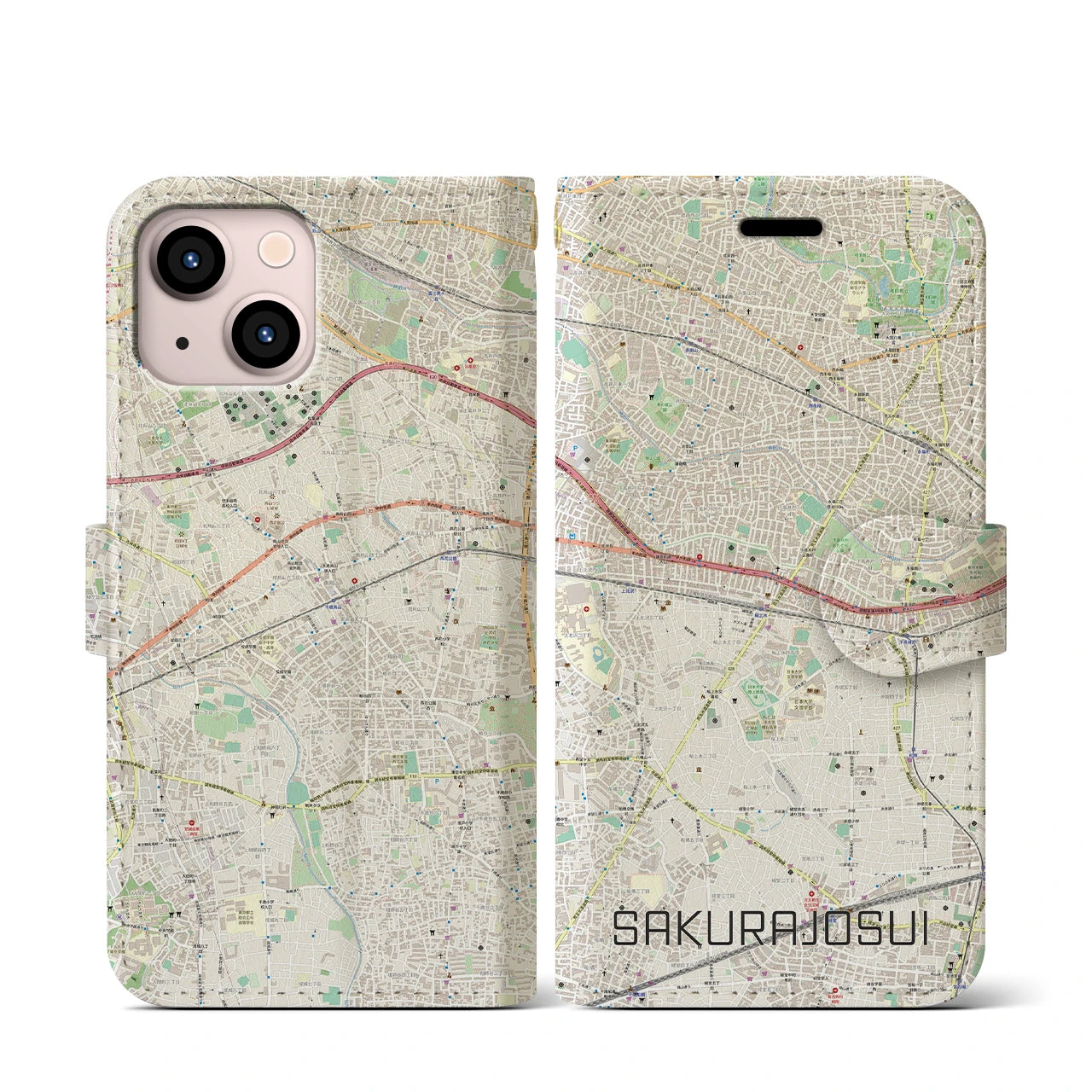 【桜上水】地図柄iPhoneケース（手帳両面タイプ・ナチュラル）iPhone 13 mini 用