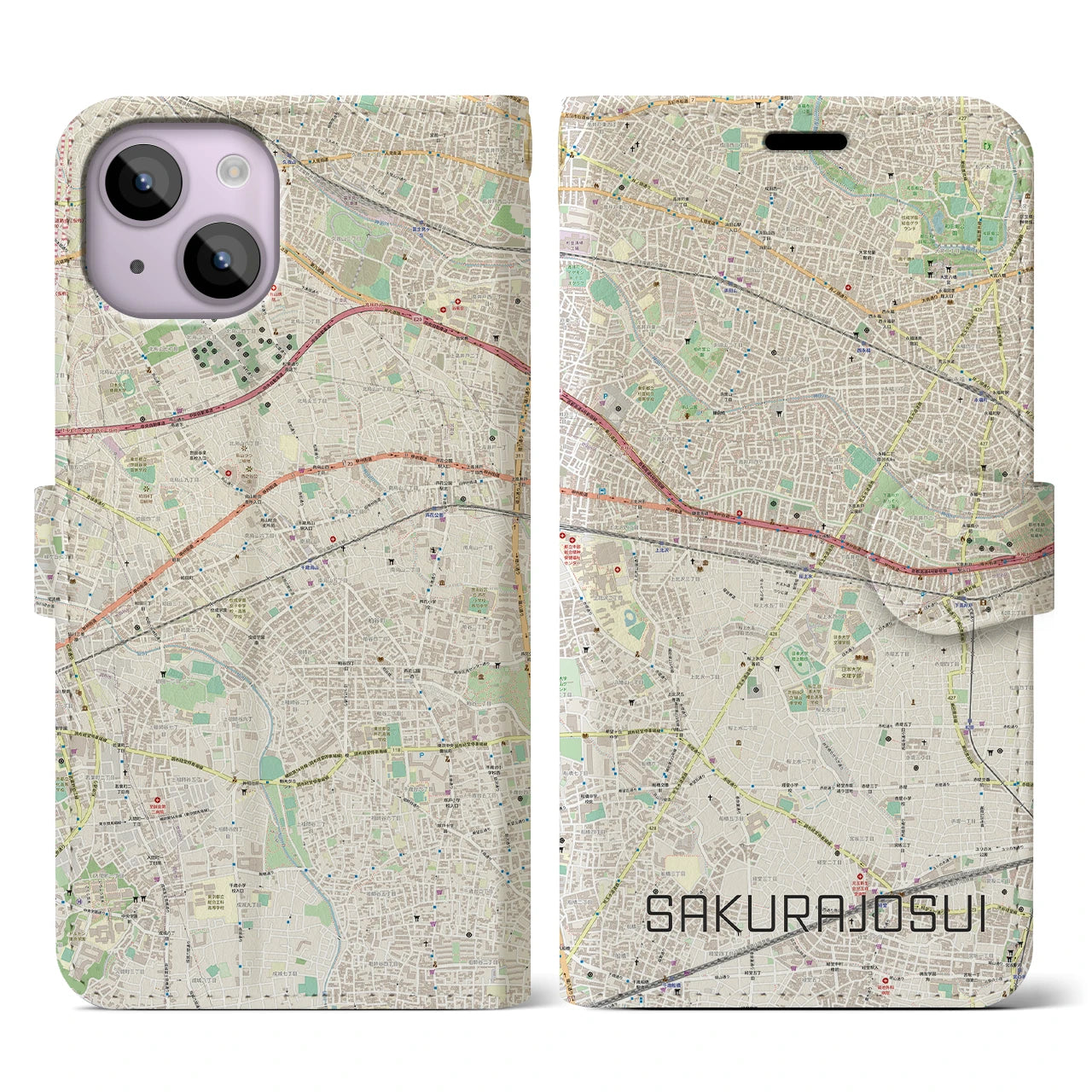 【桜上水】地図柄iPhoneケース（手帳両面タイプ・ナチュラル）iPhone 14 用