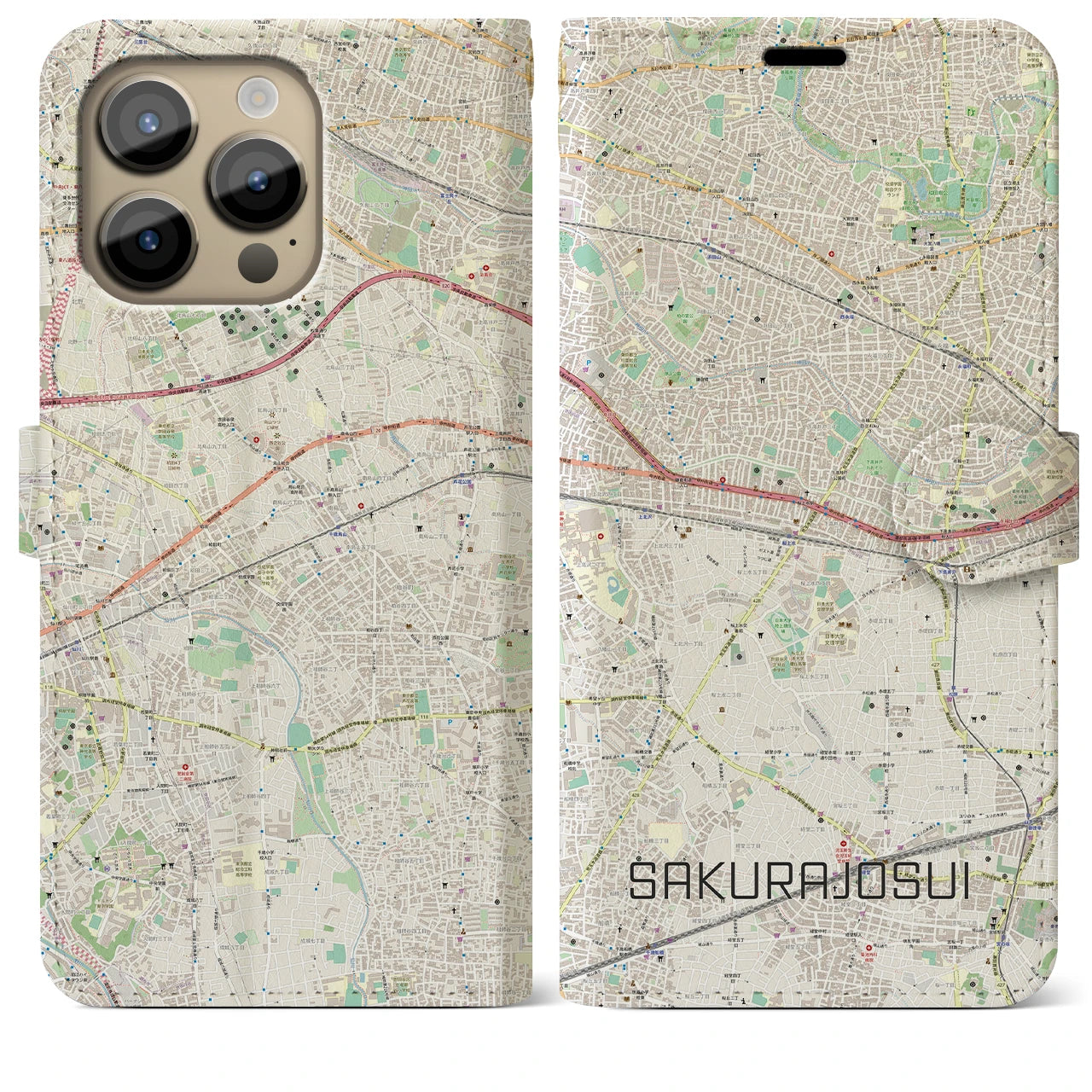 【桜上水】地図柄iPhoneケース（手帳両面タイプ・ナチュラル）iPhone 14 Pro Max 用