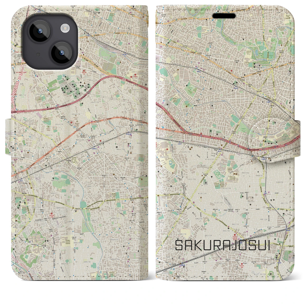 【桜上水】地図柄iPhoneケース（手帳両面タイプ・ナチュラル）iPhone 14 Plus 用
