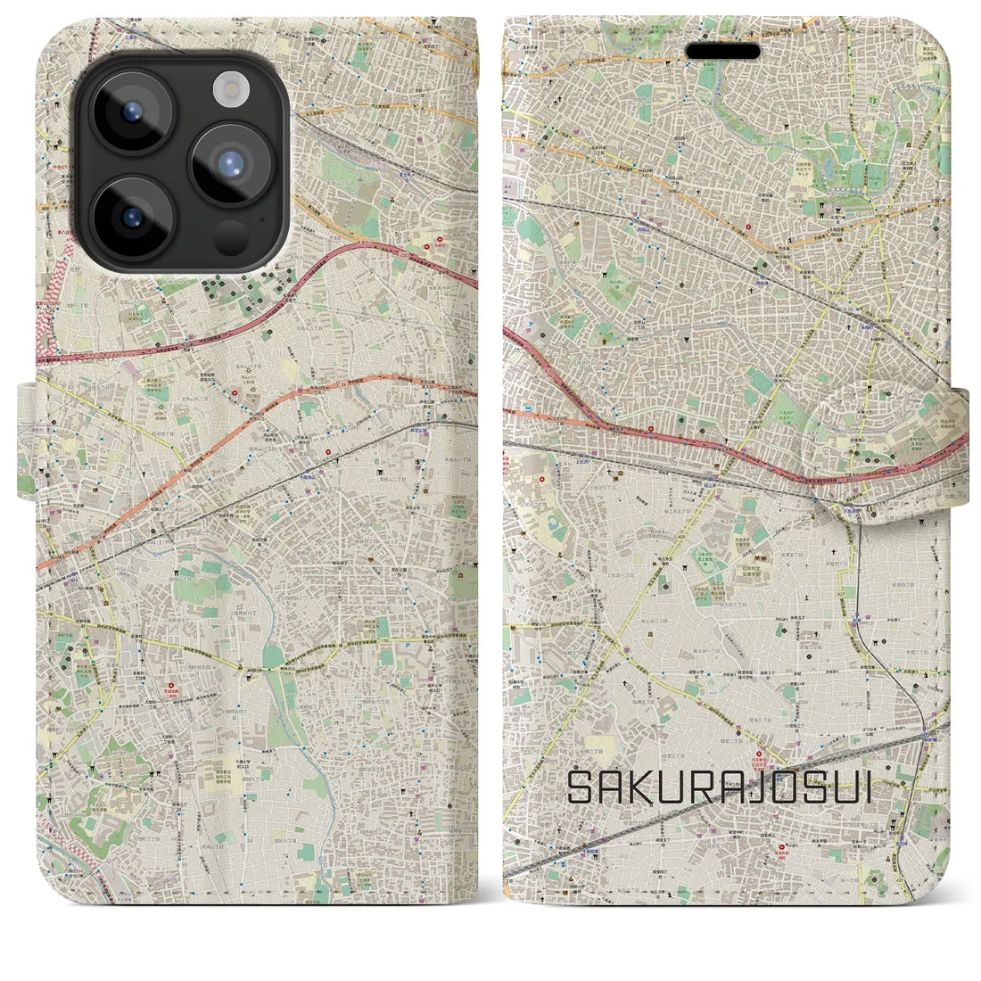 【桜上水】地図柄iPhoneケース（手帳両面タイプ・ナチュラル）iPhone 15 Pro Max 用