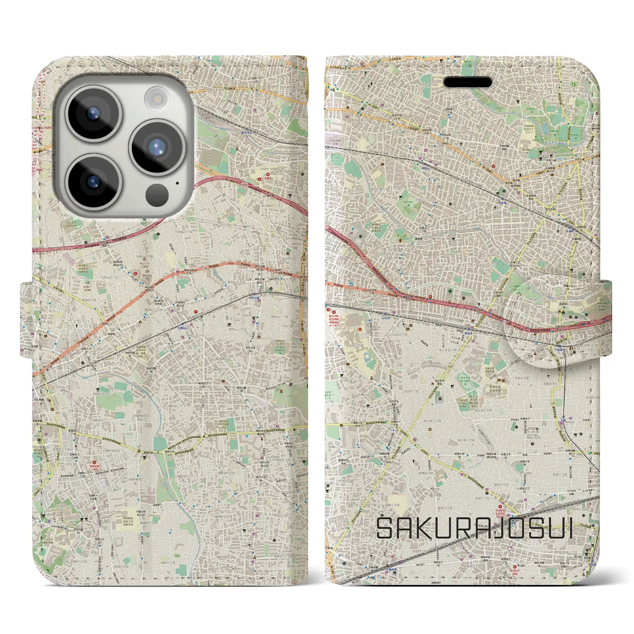 【桜上水】地図柄iPhoneケース（手帳両面タイプ・ナチュラル）iPhone 15 Pro 用