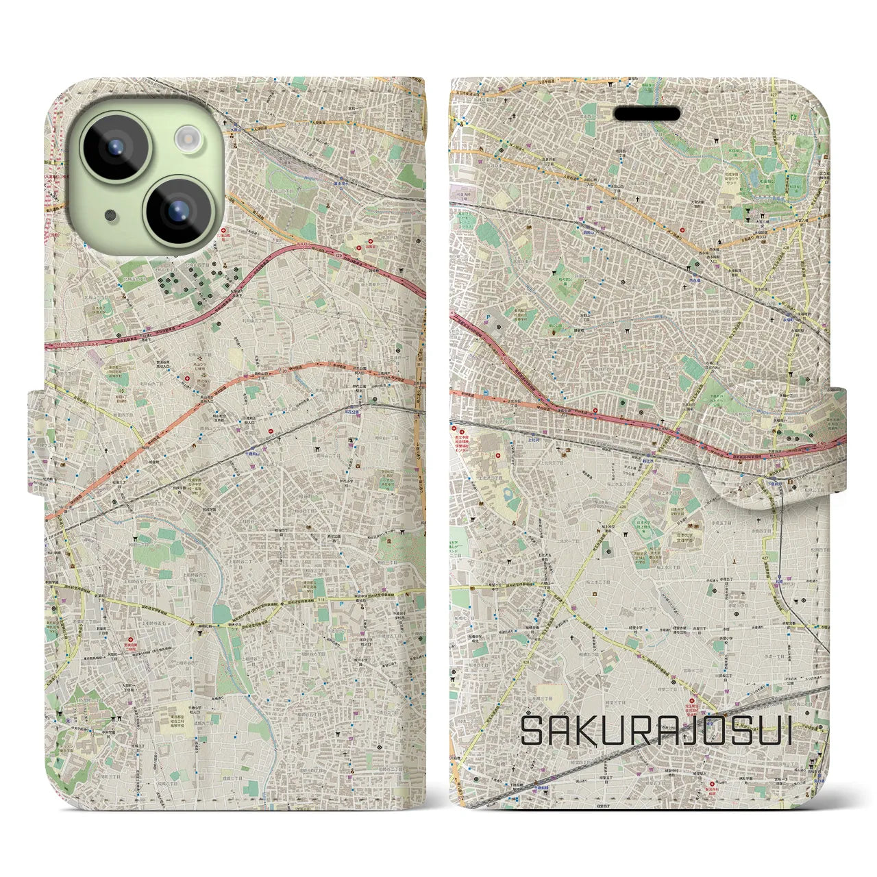 【桜上水】地図柄iPhoneケース（手帳両面タイプ・ナチュラル）iPhone 15 用