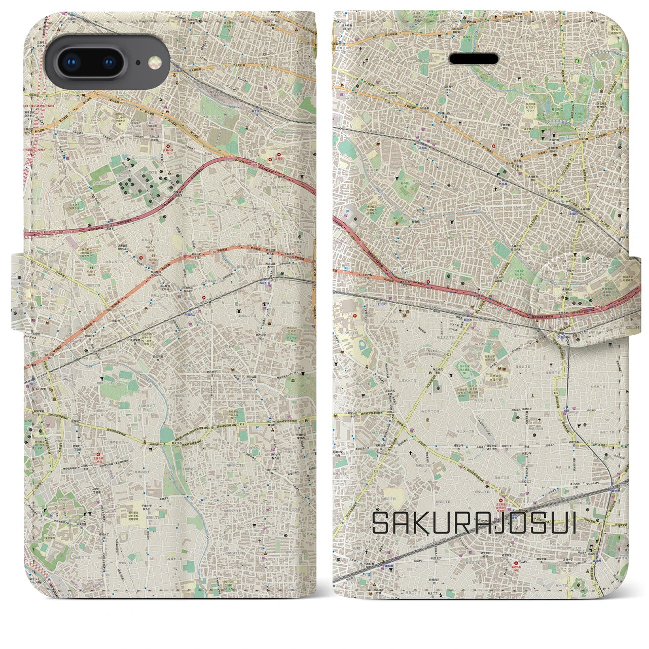 【桜上水】地図柄iPhoneケース（手帳両面タイプ・ナチュラル）iPhone 8Plus /7Plus / 6sPlus / 6Plus 用