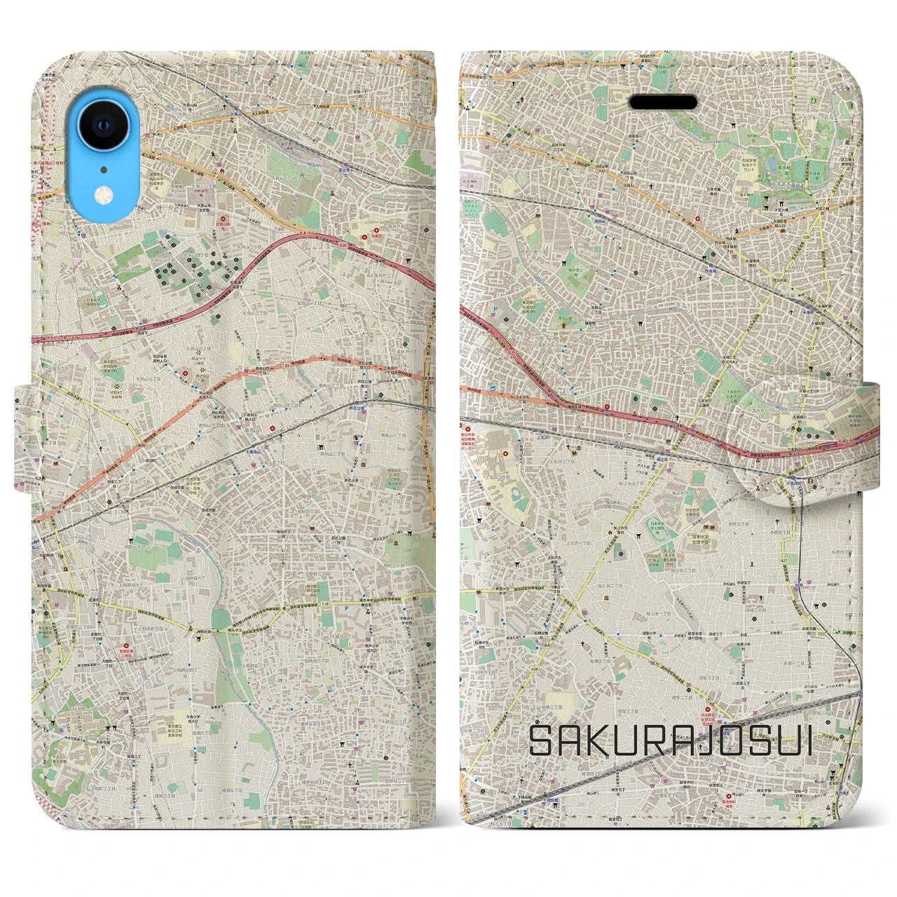 【桜上水】地図柄iPhoneケース（手帳両面タイプ・ナチュラル）iPhone XR 用