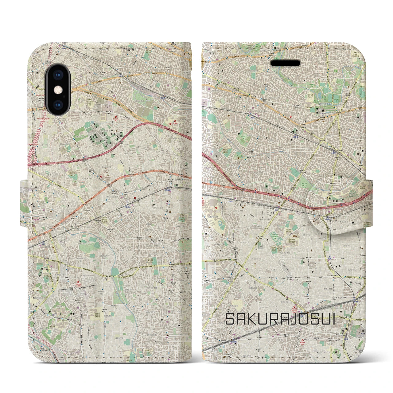 【桜上水】地図柄iPhoneケース（手帳両面タイプ・ナチュラル）iPhone XS / X 用