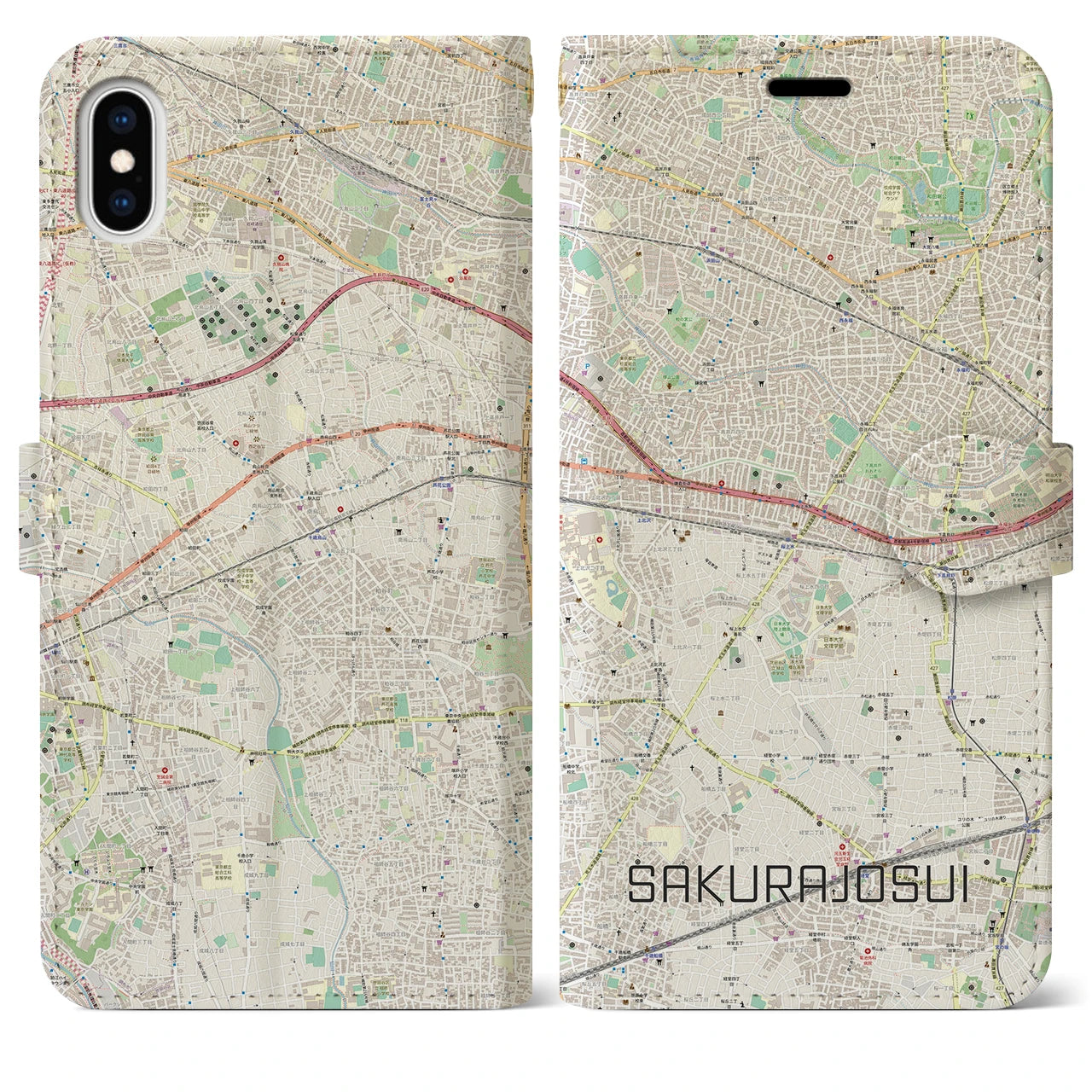 【桜上水】地図柄iPhoneケース（手帳両面タイプ・ナチュラル）iPhone XS Max 用