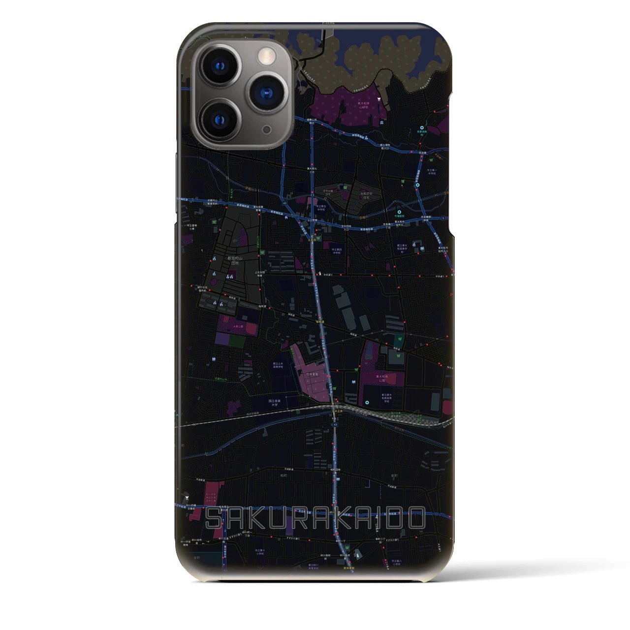 【桜街道】地図柄iPhoneケース（バックカバータイプ・ブラック）iPhone 11 Pro Max 用