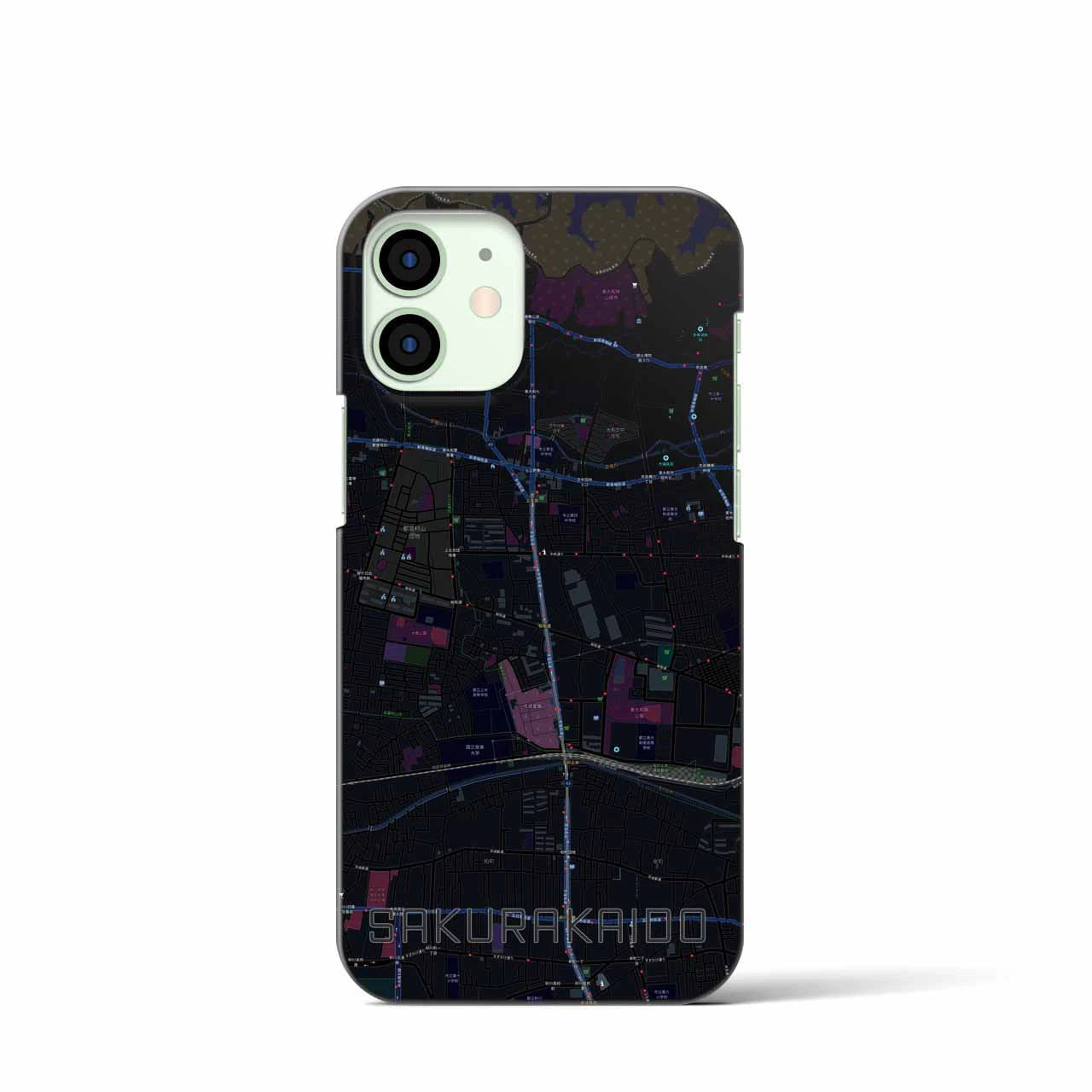 【桜街道】地図柄iPhoneケース（バックカバータイプ・ブラック）iPhone 12 mini 用