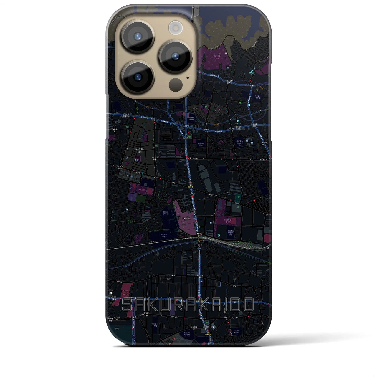 【桜街道】地図柄iPhoneケース（バックカバータイプ・ブラック）iPhone 14 Pro Max 用