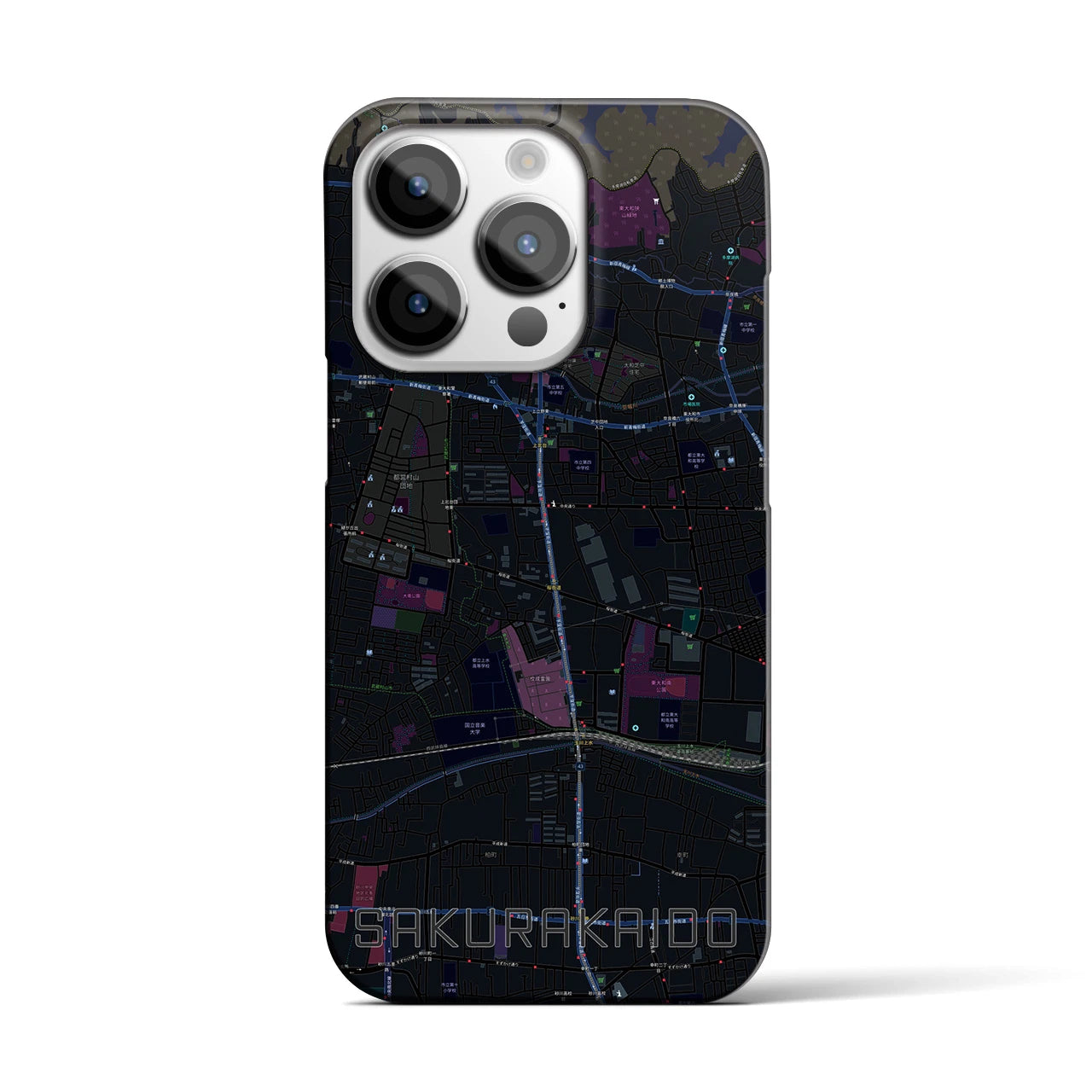 【桜街道】地図柄iPhoneケース（バックカバータイプ・ブラック）iPhone 14 Pro 用