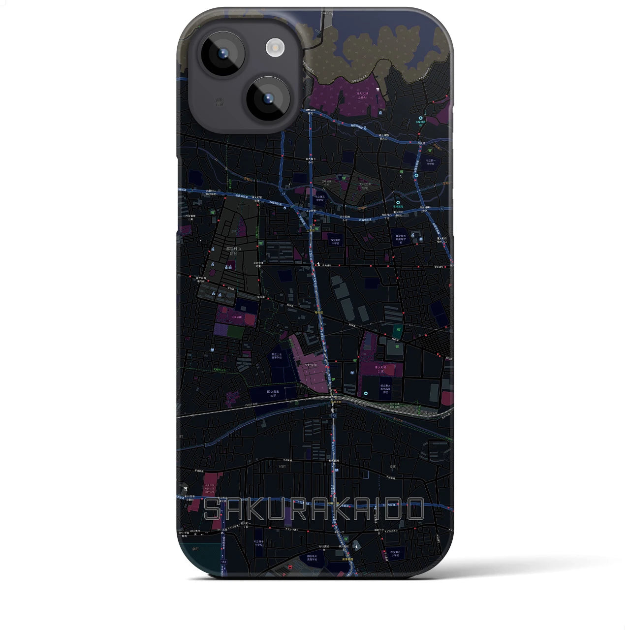 【桜街道】地図柄iPhoneケース（バックカバータイプ・ブラック）iPhone 14 Plus 用