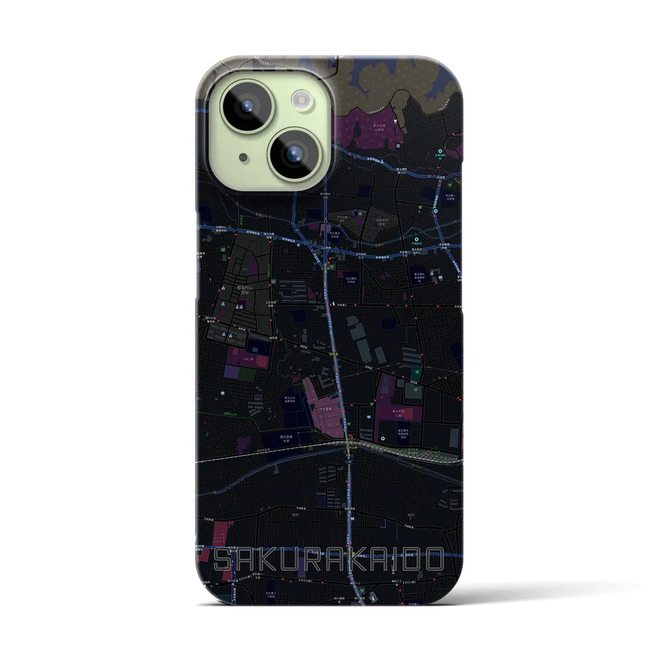【桜街道】地図柄iPhoneケース（バックカバータイプ・ブラック）iPhone 15 用