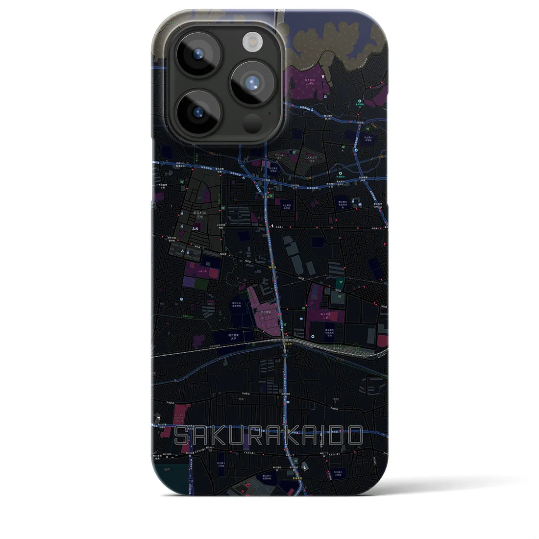 【桜街道】地図柄iPhoneケース（バックカバータイプ・ブラック）iPhone 15 Pro Max 用