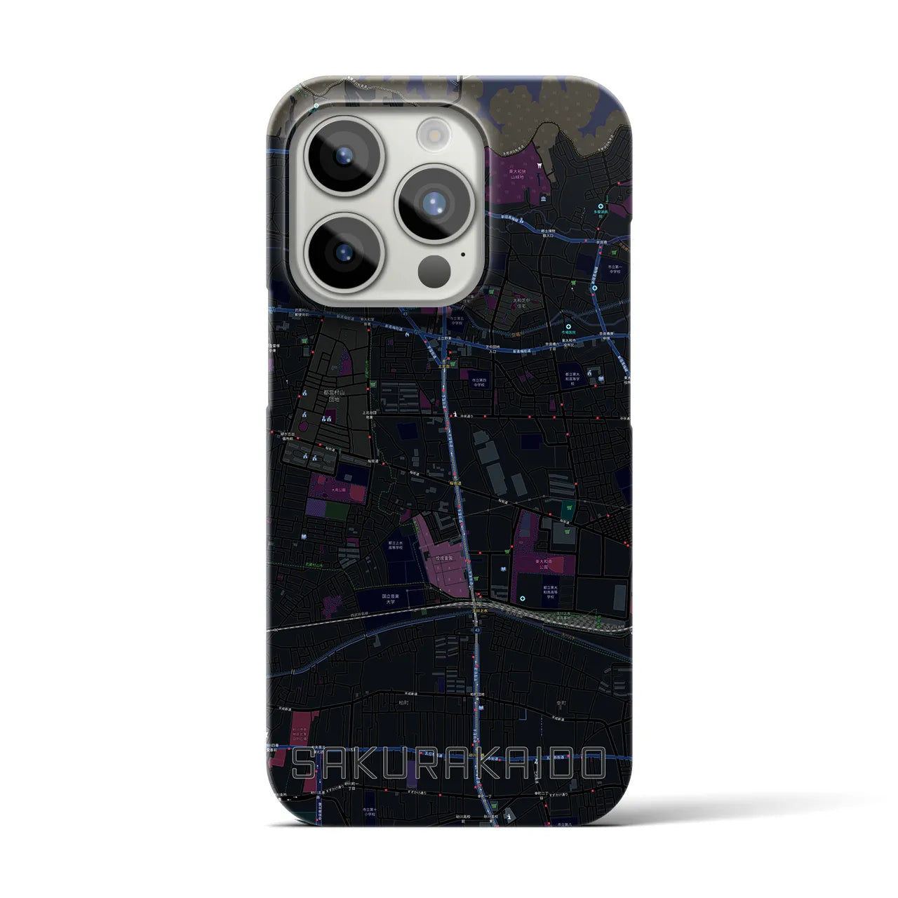 【桜街道】地図柄iPhoneケース（バックカバータイプ・ブラック）iPhone 15 Pro 用