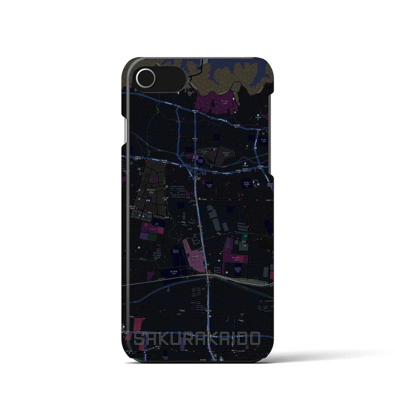 【桜街道】地図柄iPhoneケース（バックカバータイプ・ブラック）iPhone SE（第3 / 第2世代） / 8 / 7 / 6s / 6 用