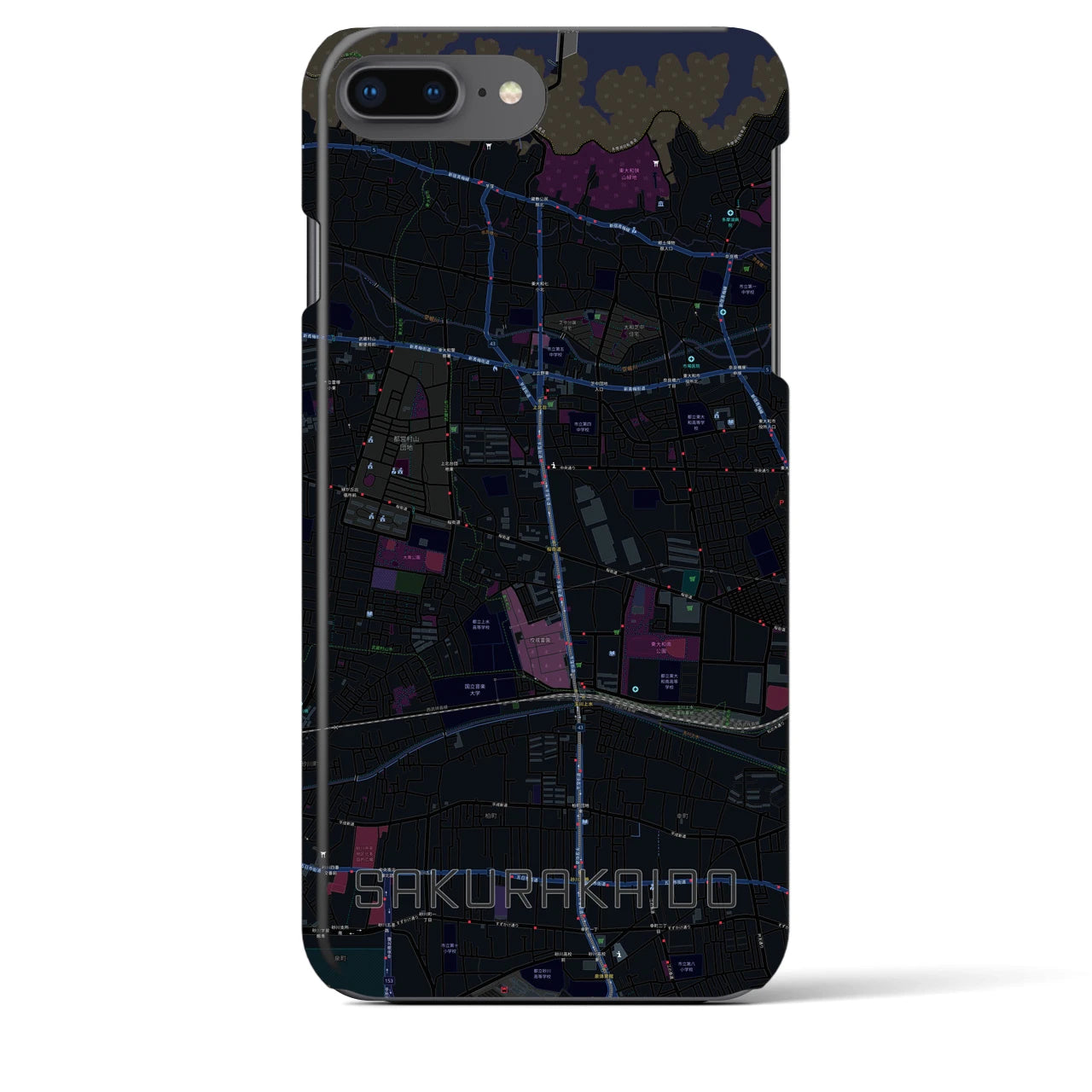 【桜街道】地図柄iPhoneケース（バックカバータイプ・ブラック）iPhone 8Plus /7Plus / 6sPlus / 6Plus 用