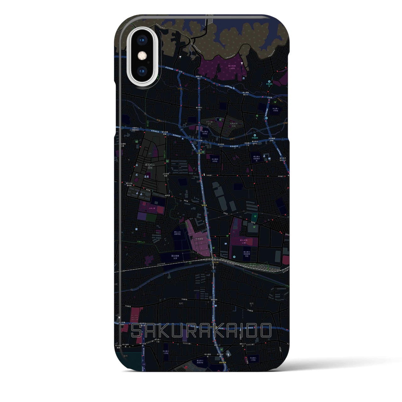 【桜街道】地図柄iPhoneケース（バックカバータイプ・ブラック）iPhone XS Max 用