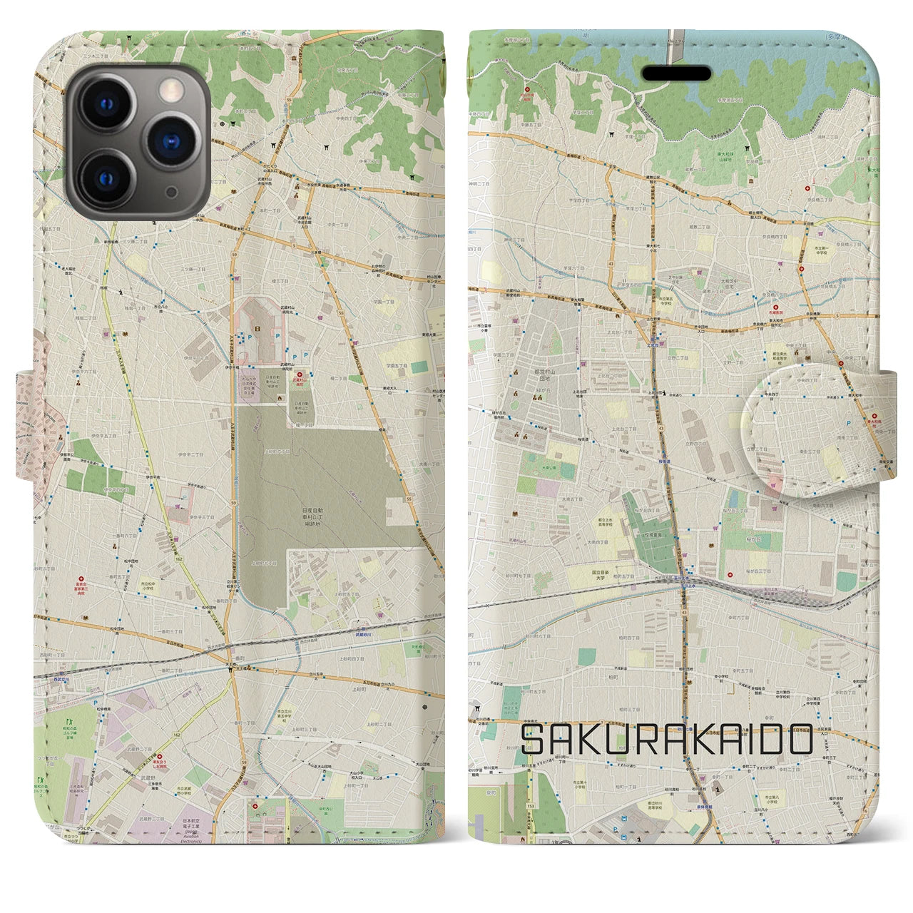 【桜街道】地図柄iPhoneケース（手帳両面タイプ・ナチュラル）iPhone 11 Pro Max 用