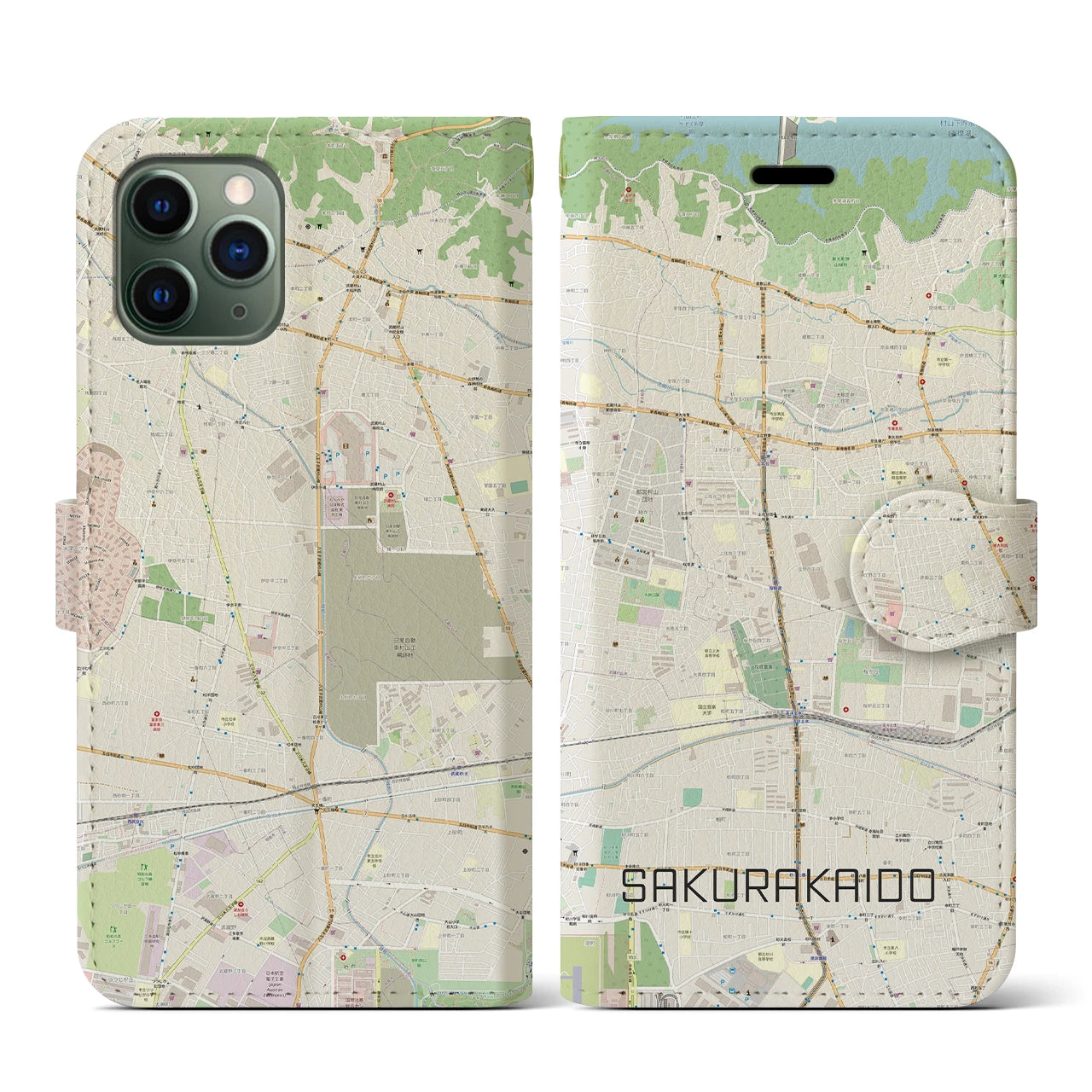 【桜街道】地図柄iPhoneケース（手帳両面タイプ・ナチュラル）iPhone 11 Pro 用