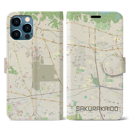 【桜街道（東京都）】地図柄iPhoneケース（手帳タイプ）ナチュラル・iPhone 12 / 12 Pro 用