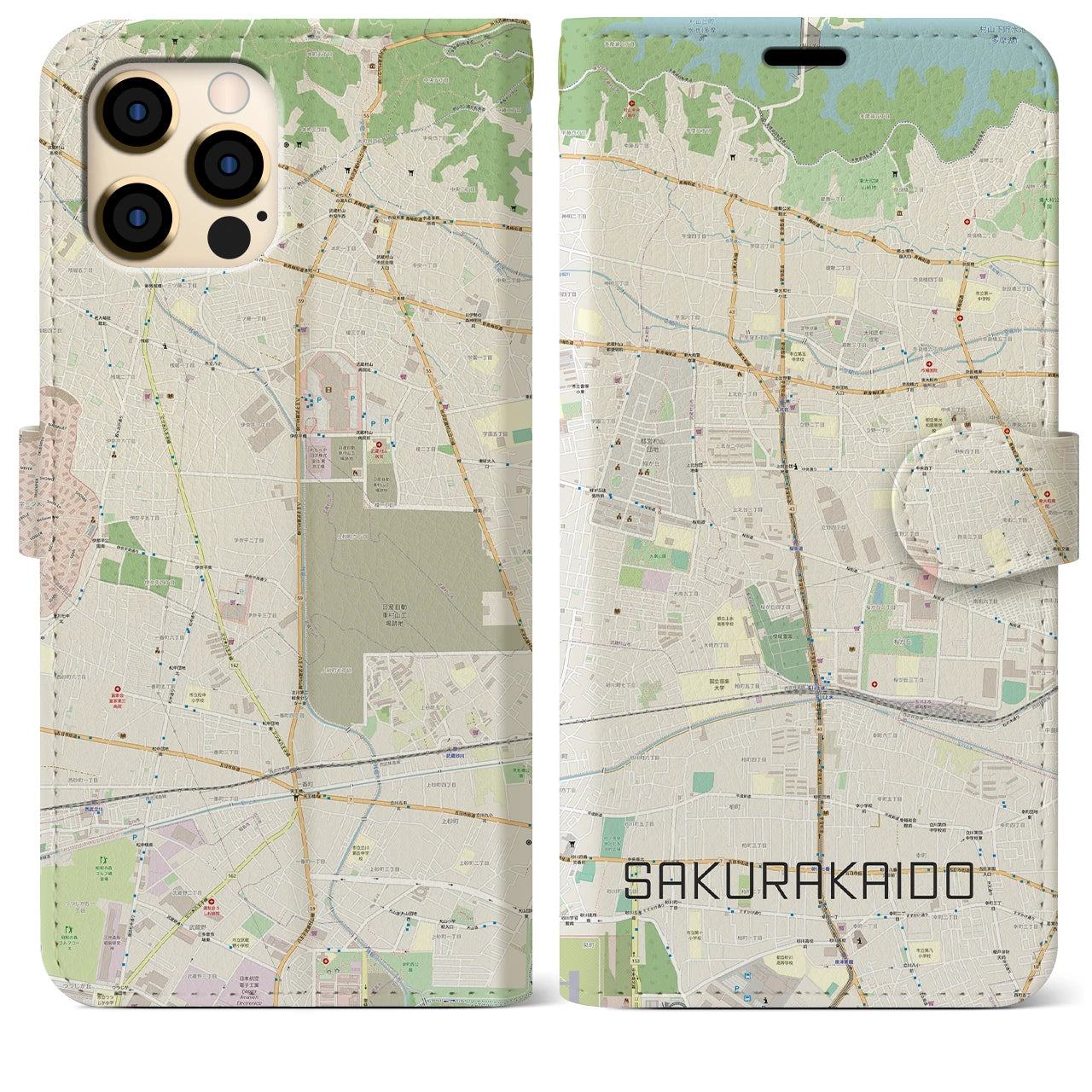 【桜街道】地図柄iPhoneケース（手帳両面タイプ・ナチュラル）iPhone 12 Pro Max 用