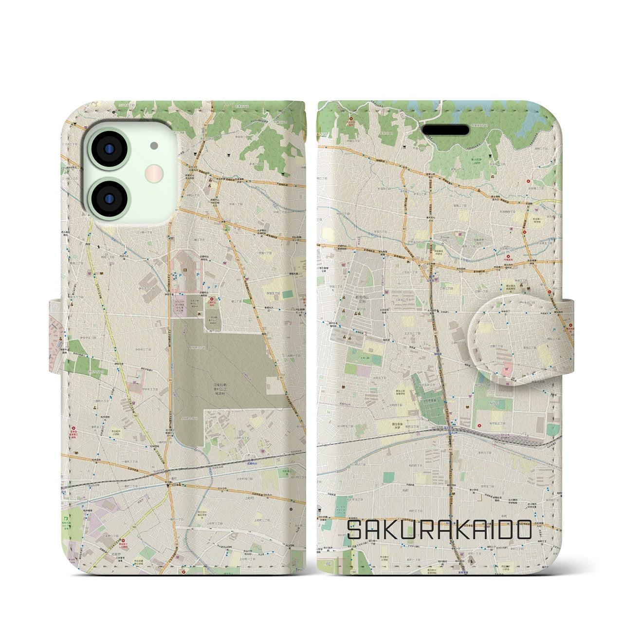 【桜街道】地図柄iPhoneケース（手帳両面タイプ・ナチュラル）iPhone 12 mini 用