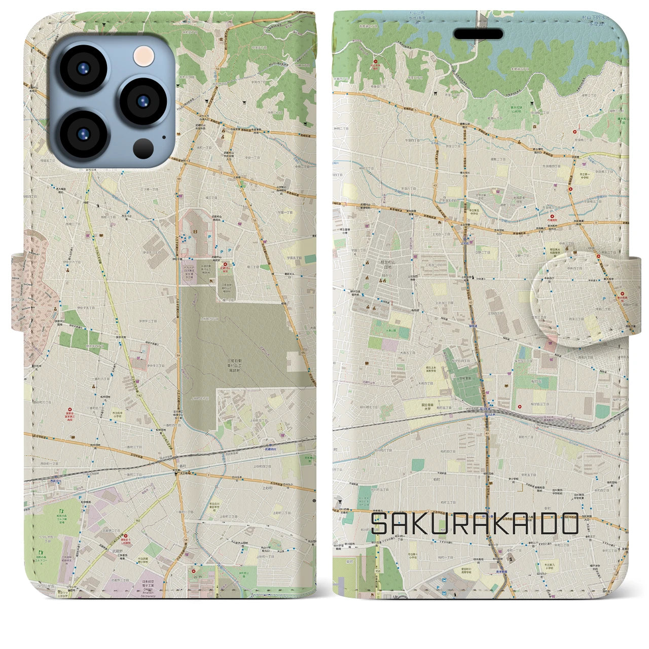 【桜街道】地図柄iPhoneケース（手帳両面タイプ・ナチュラル）iPhone 13 Pro Max 用