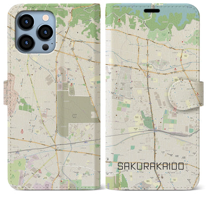 【桜街道（東京都）】地図柄iPhoneケース（手帳タイプ）ナチュラル・iPhone 13 Pro Max 用