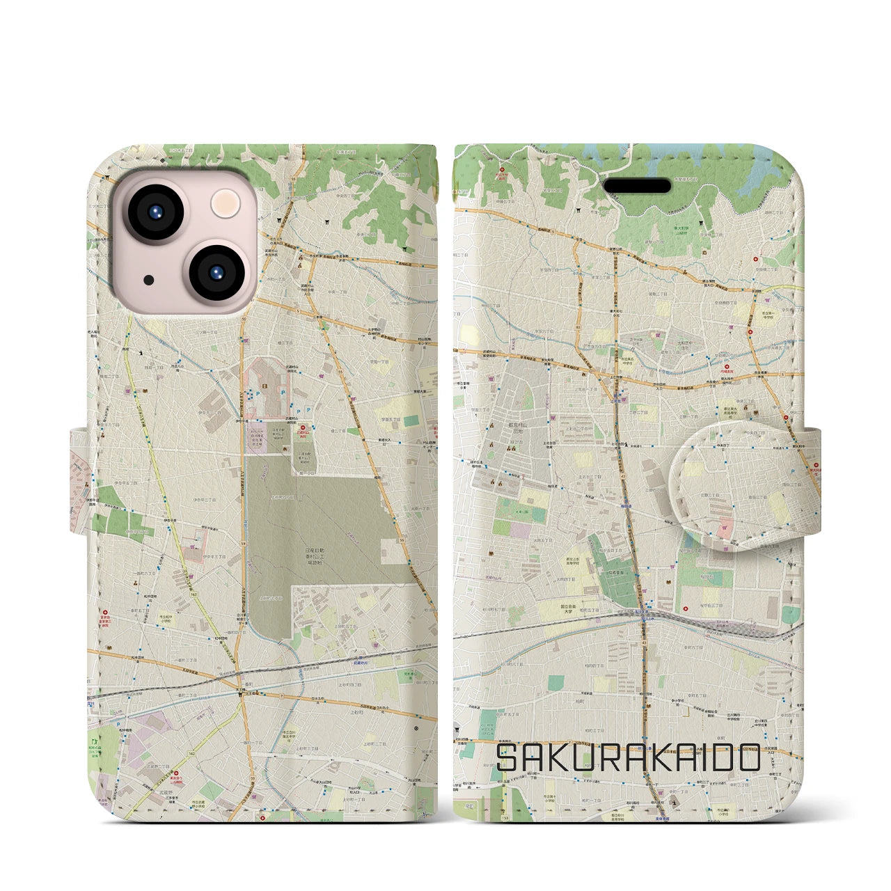 【桜街道】地図柄iPhoneケース（手帳両面タイプ・ナチュラル）iPhone 13 mini 用