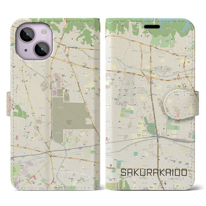 【桜街道（東京都）】地図柄iPhoneケース（手帳タイプ）ナチュラル・iPhone 14 用