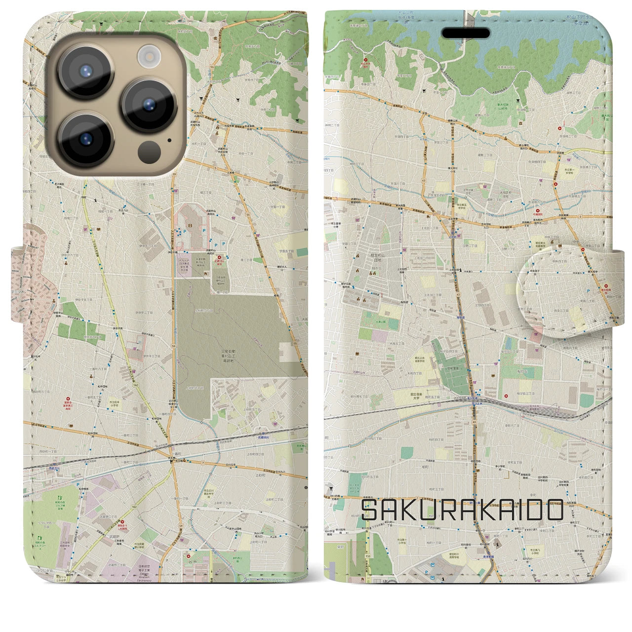 【桜街道】地図柄iPhoneケース（手帳両面タイプ・ナチュラル）iPhone 14 Pro Max 用